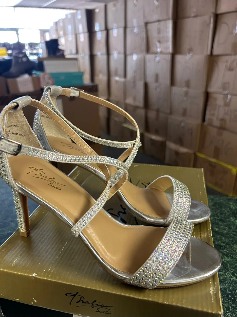 Thalia Sodi Silver Crystal Strappy Heels